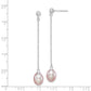 Sterling Silver Rhodium-Plated Polished & Beaded Purple 7-8mm Freshwater Cultured Pearl Post Dangle Earrings