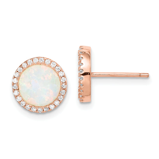 Sterling Silver Rose-Tone Created Opal & Cz Round Halo Post Earrings