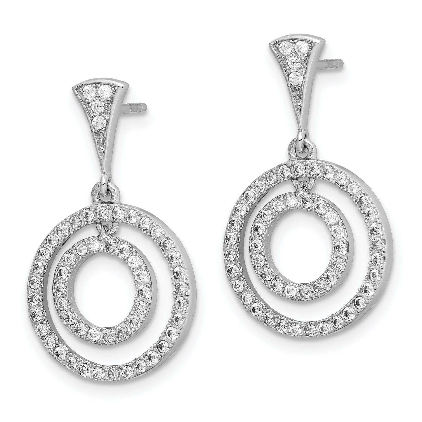 Sterling Silver Rhodium-Plated Cz Circles Dangle Post Earrings