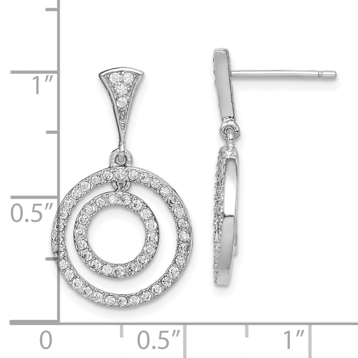 Sterling Silver Rhodium-Plated Cz Circles Dangle Post Earrings