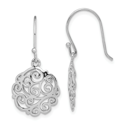 Sterling Silver Rhodium-Plated Polished Filigree Circle Dangle Earrings