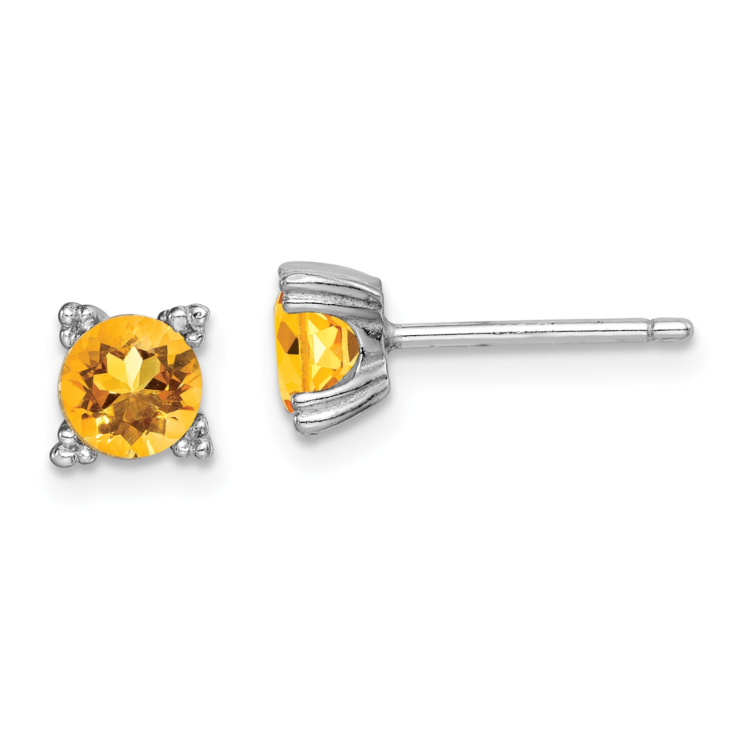 Sterling Silver Rhodium-Plated Round 5mm Citrine Post Earrings