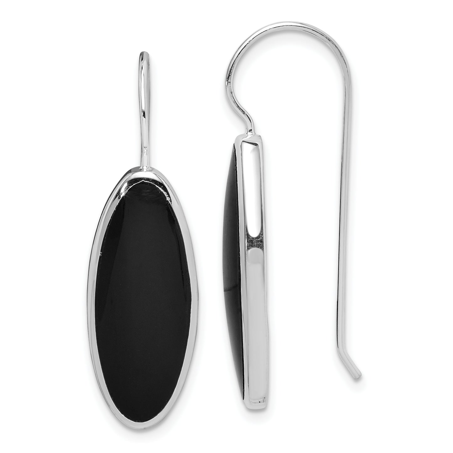 Sterling Silver Rhodium-Plated Polished Onyx Oval Dangle Earrings