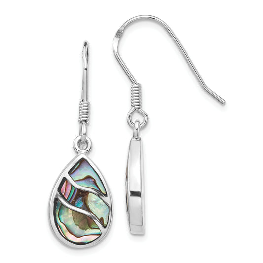 Sterling Silver Rhodium-Plated Polished Abalone Teardrop Dangle Earrings