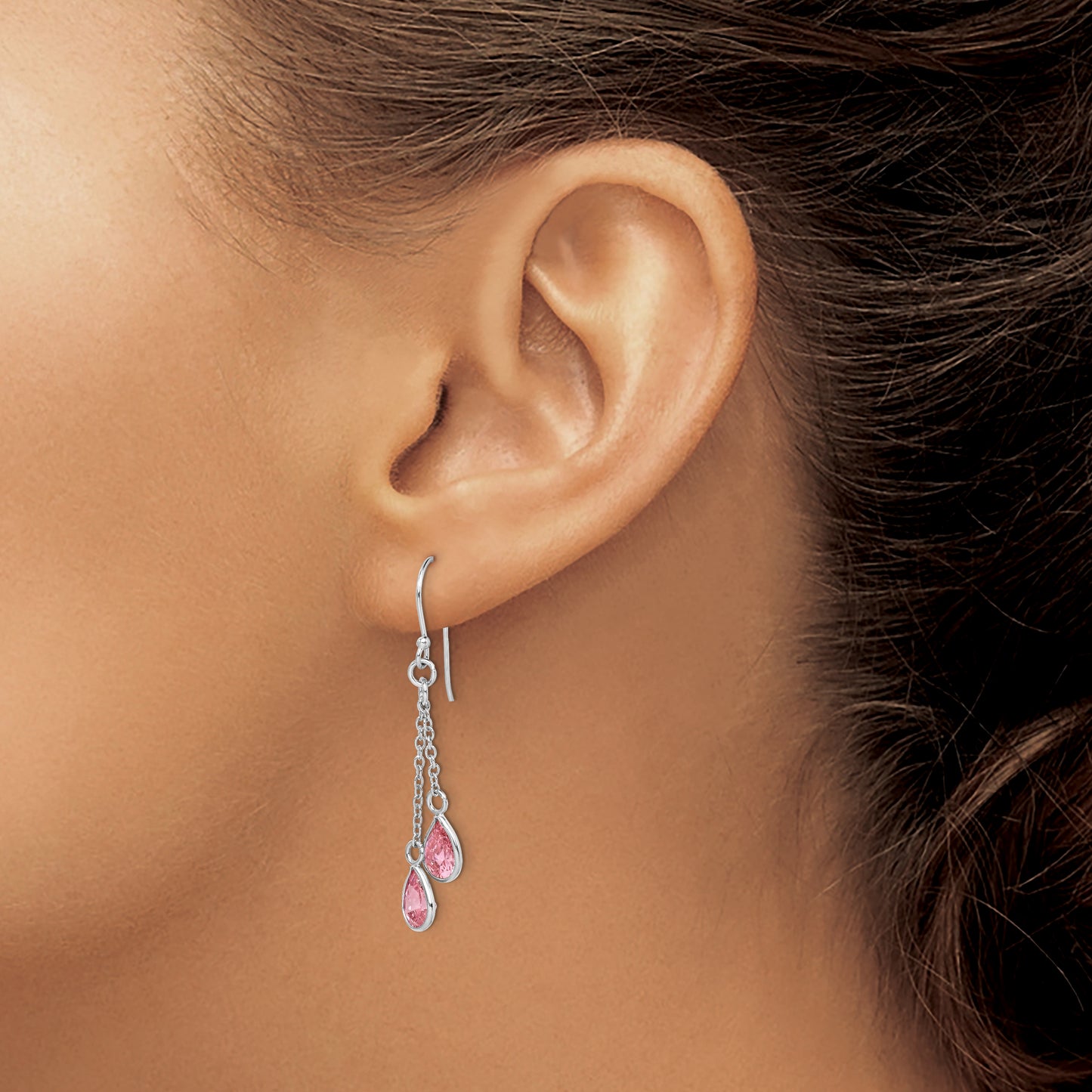 Sterling Silver Rh-Plated Multi-Strand Pink Cz Teardrop Dangle Earrings