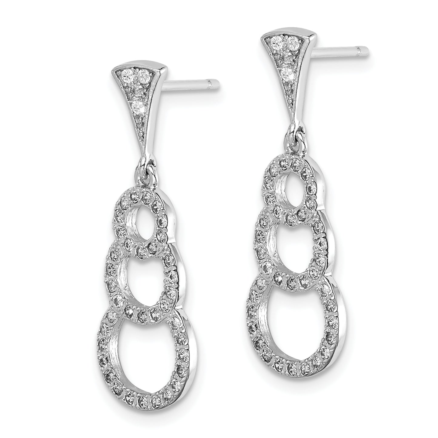 Sterling Silver Rhodium-Plated Cz 3-Circles Dangle Post Earrings