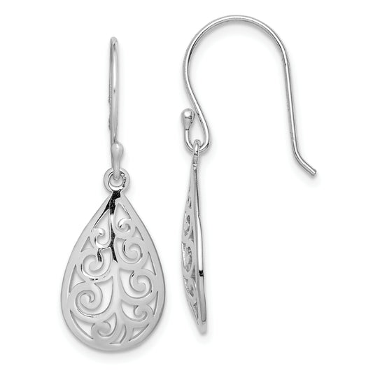 Sterling Silver Rhodium-Plated Polished Filigree Teardrop Dangle Earrings