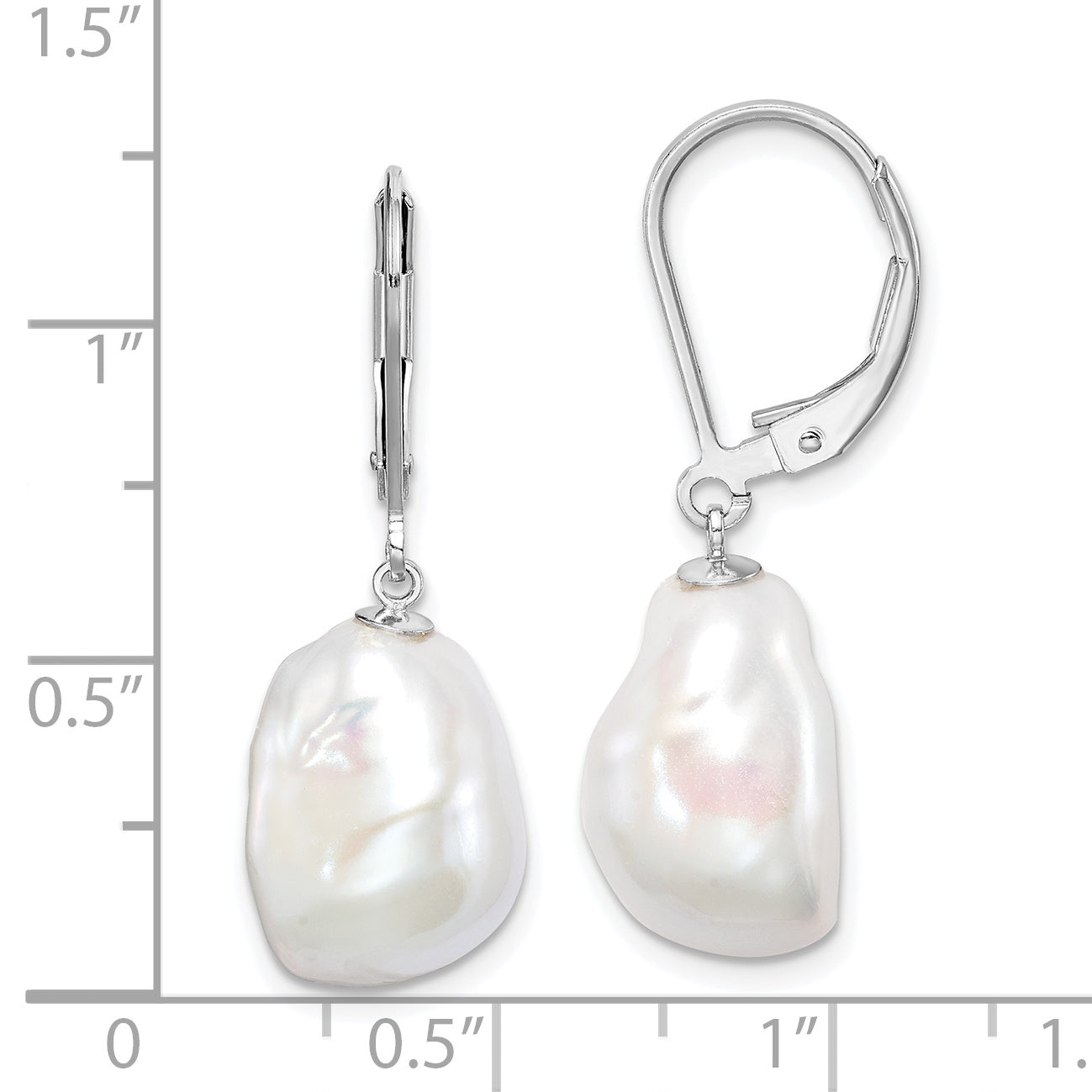 Sterling Silver Rhodium-Plated Polished White 11-12mm Keshi Freshwater Cultured Pearl Leverback Dangle Earrings