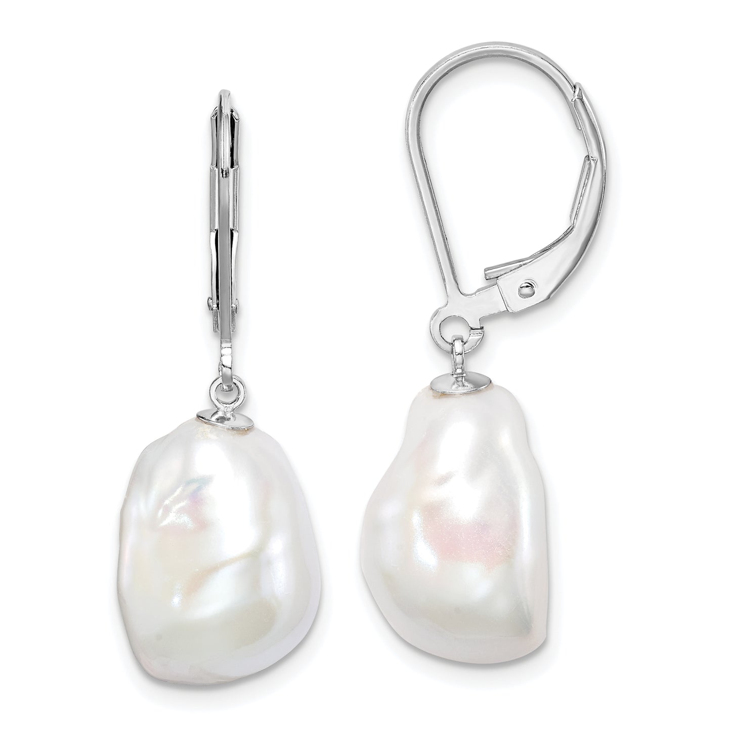 Sterling Silver Rhodium-Plated Polished White 11-12mm Keshi Freshwater Cultured Pearl Leverback Dangle Earrings