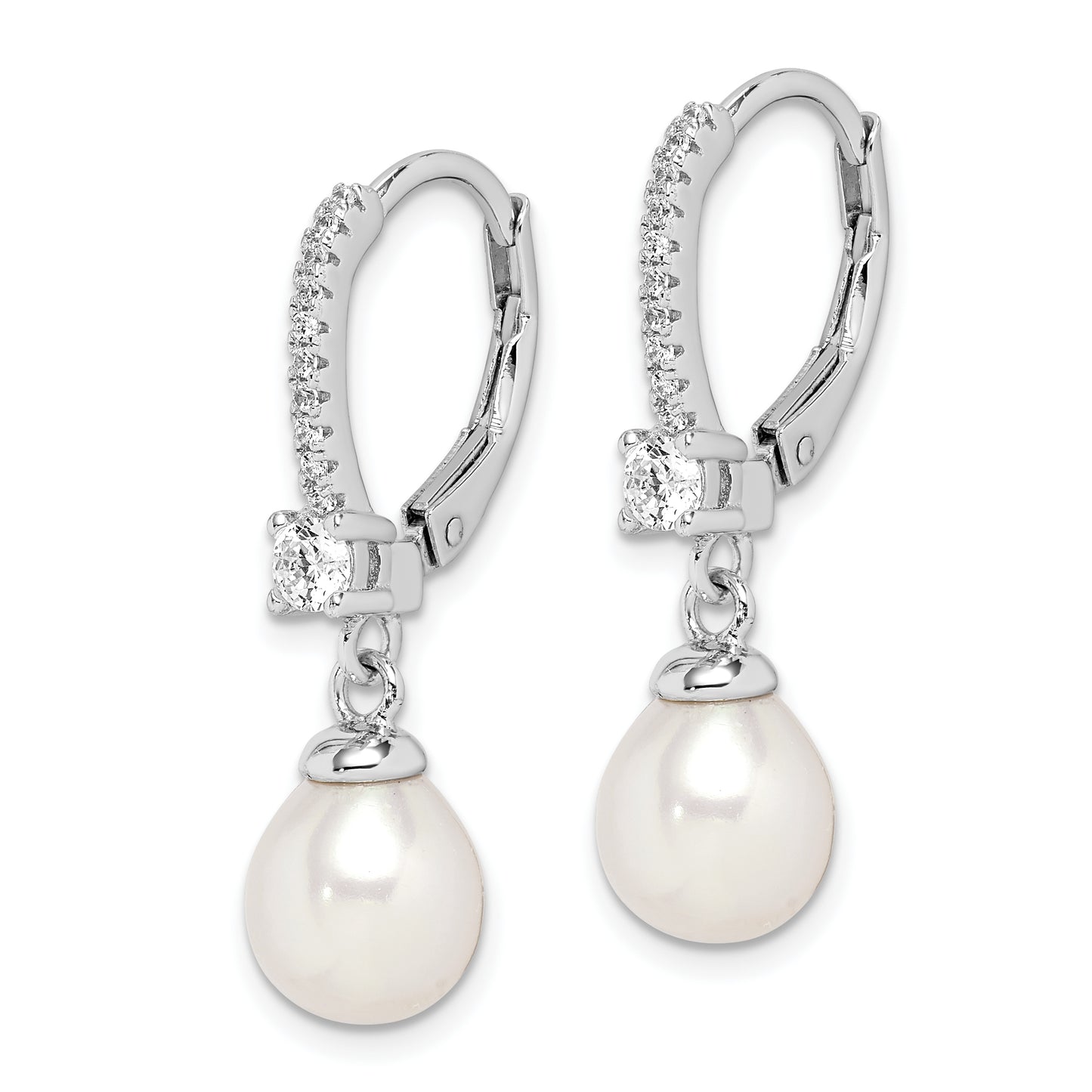 Sterling Silver Rhodium-Plated Polished White 7-8mm Freshwater Cultured Pearl & Cz Leverback Dangle Earrings