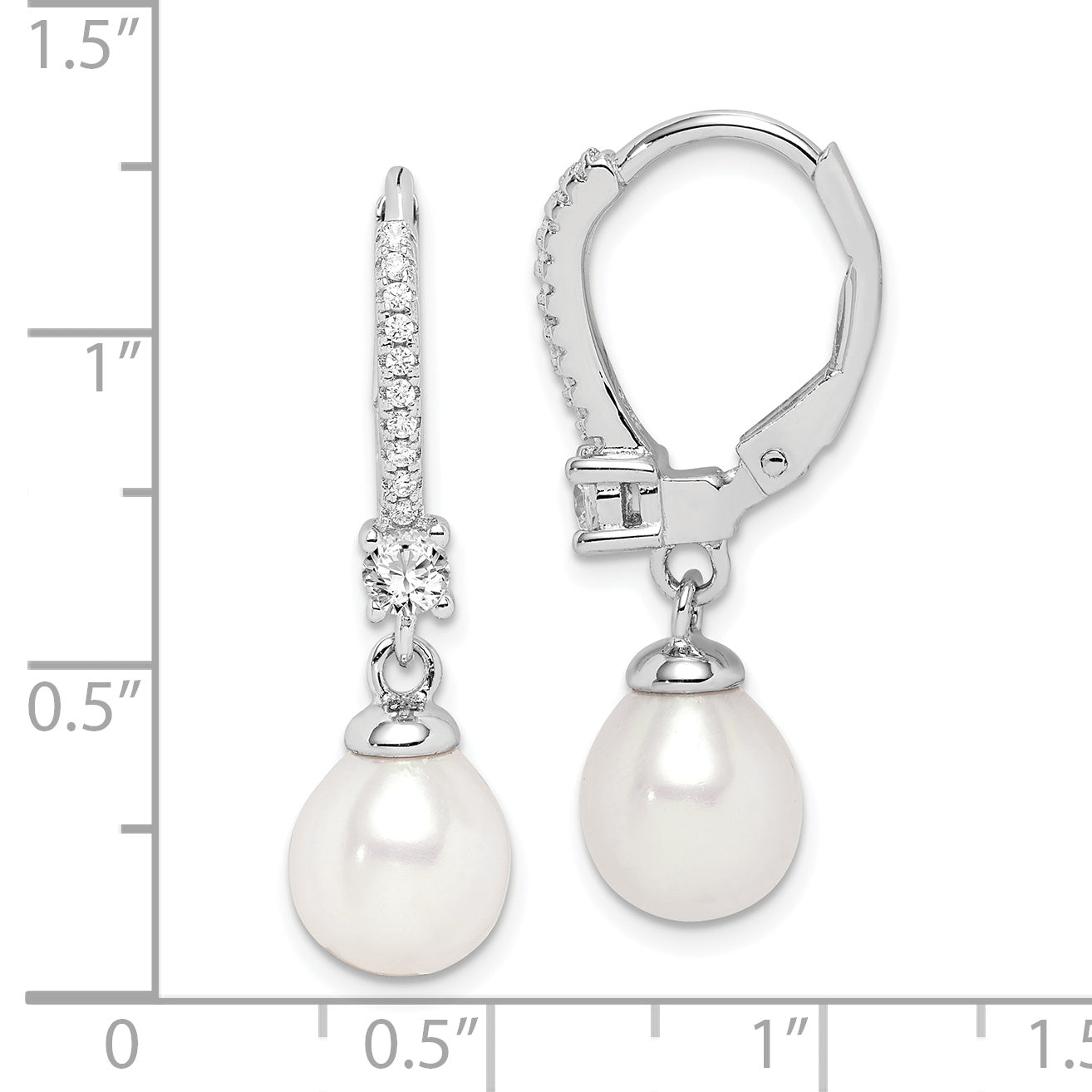 Sterling Silver Rhodium-Plated Polished White 7-8mm Freshwater Cultured Pearl & Cz Leverback Dangle Earrings