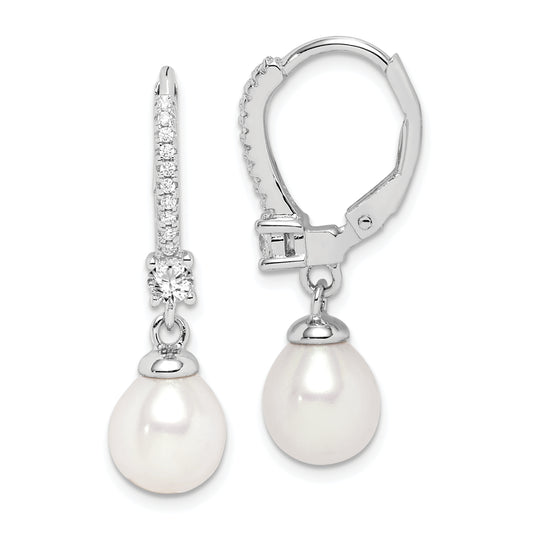 Sterling Silver Rhodium-Plated Polished White 7-8mm Freshwater Cultured Pearl & Cz Leverback Dangle Earrings