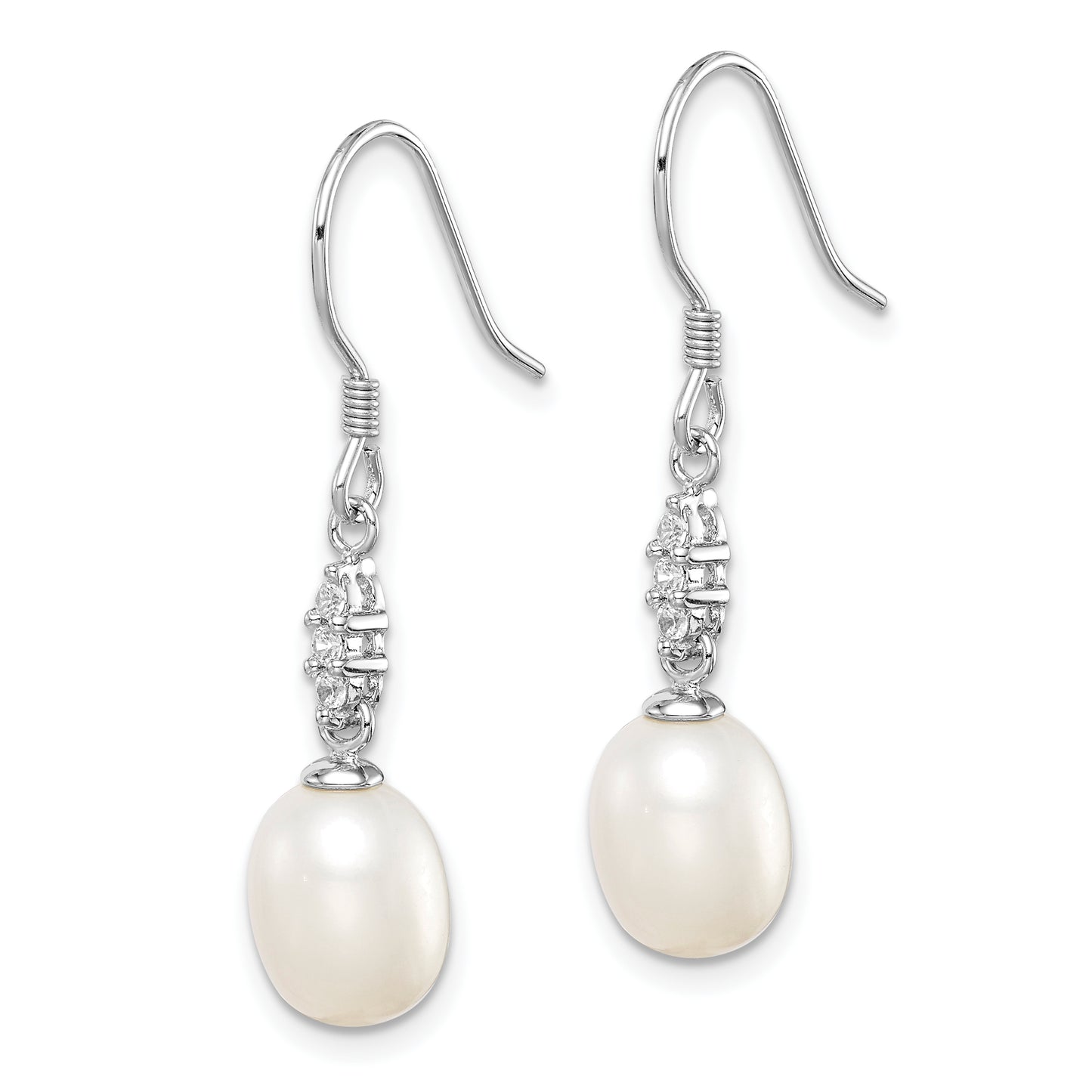 Sterling Silver Rhodium-Plated Polished White 7-8mm Freshwater Cultured Pearl & Cz Dangle Earrings