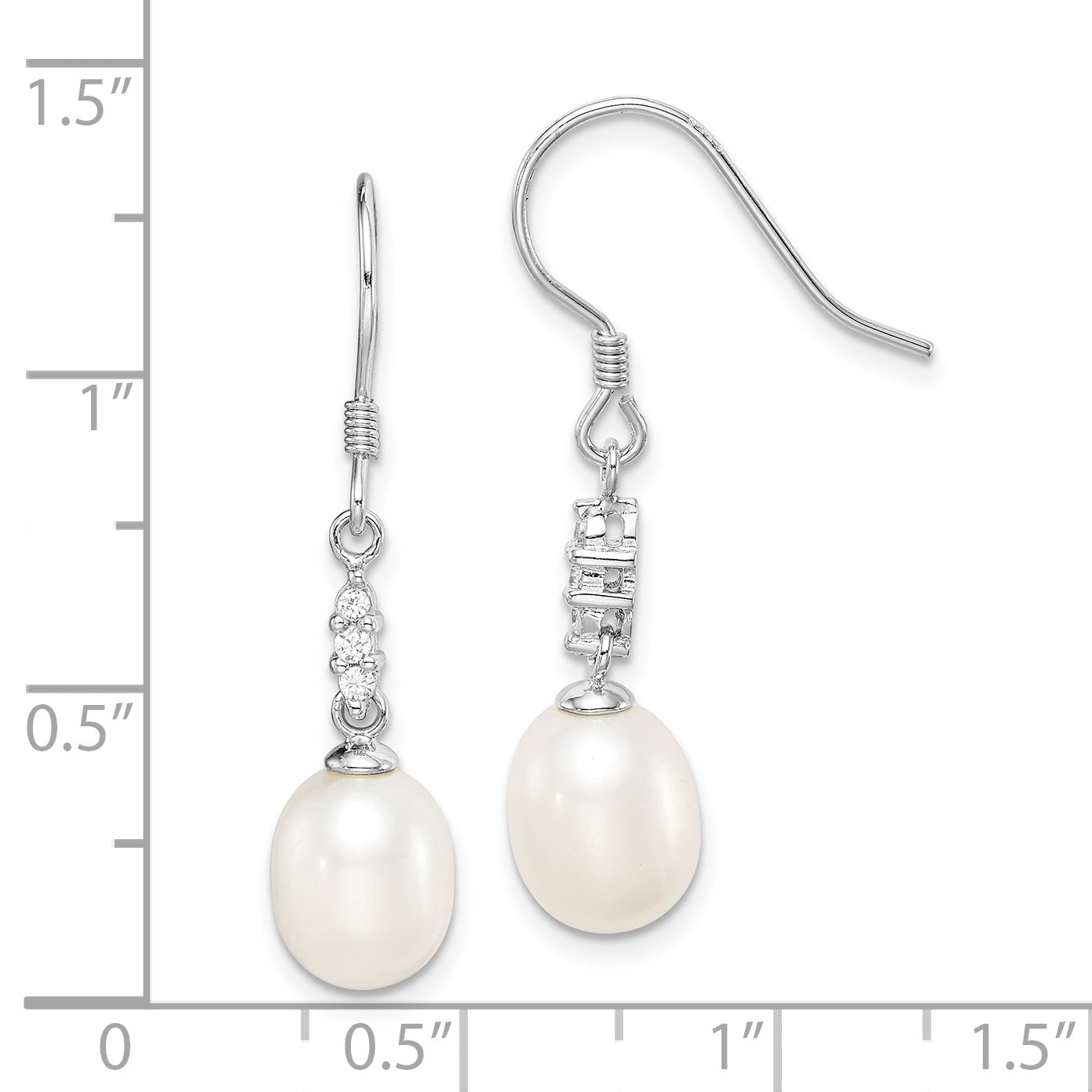 Sterling Silver Rhodium-Plated Polished White 7-8mm Freshwater Cultured Pearl & Cz Dangle Earrings