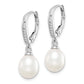 Sterling Silver Rhodium-Plated Polished White 7-8mm Freshwater Cultured Pearl & Cz Leverback Dangle Earrings