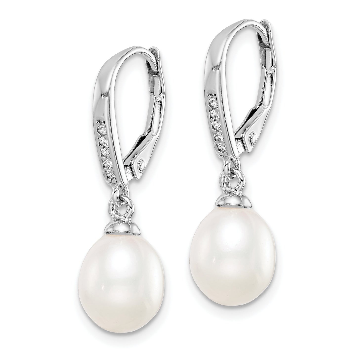 Sterling Silver Rhodium-Plated Polished White 7-8mm Freshwater Cultured Pearl & Cz Leverback Dangle Earrings