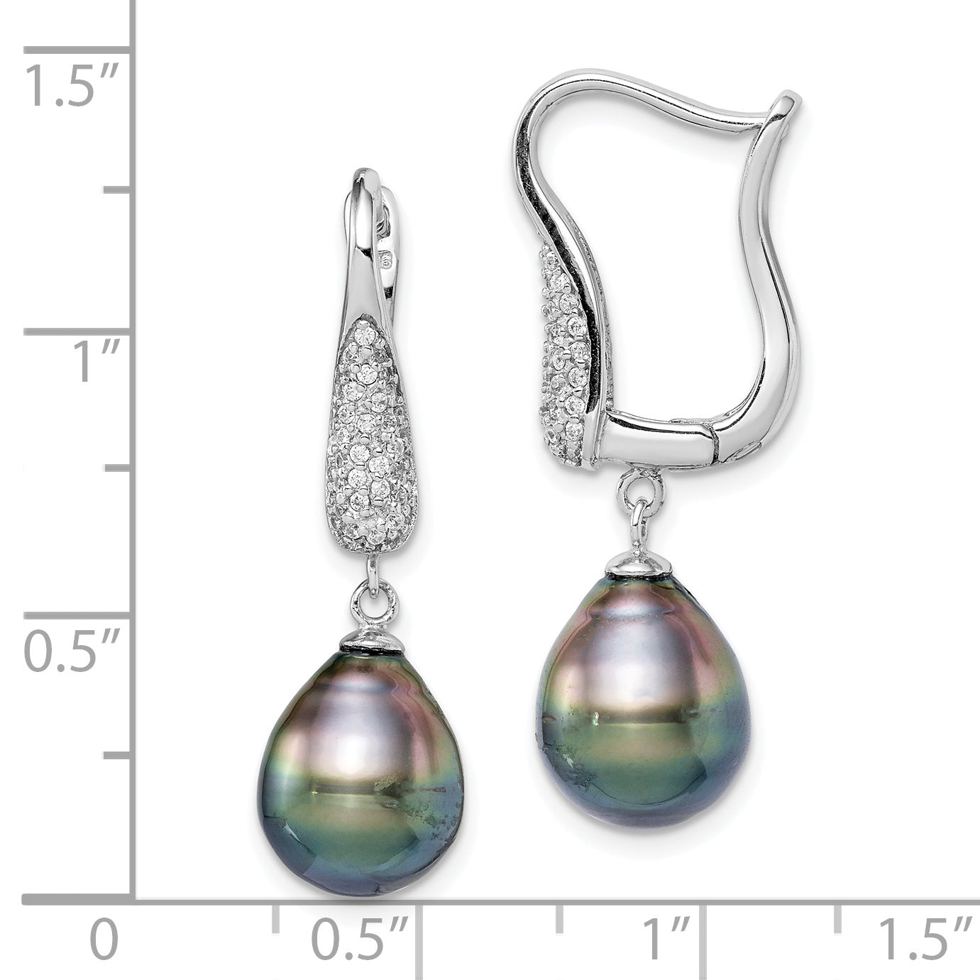 Sterling Silver Rhodium-Plated 9-10mm Tahitian Drop Pearl Cz Earrings