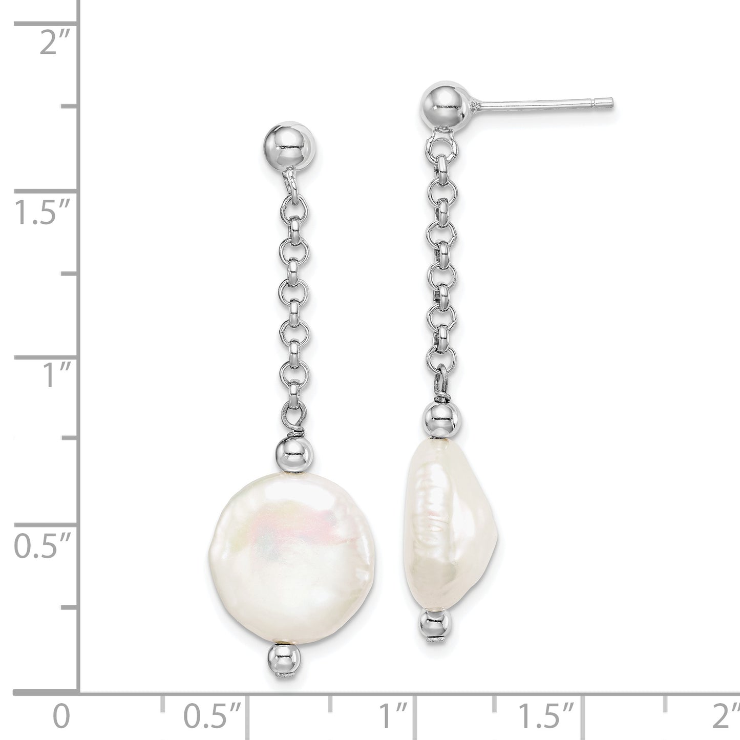 Sterling Silver Rhod-Plated 12-13 Coin Fwc Pearl Dangle Earrings