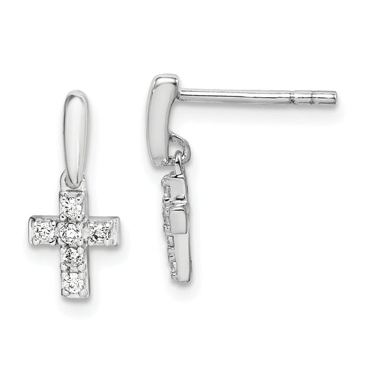 Sterling Silver Rhodium-Plated Polished Cz Cross Post Dangle Earrings