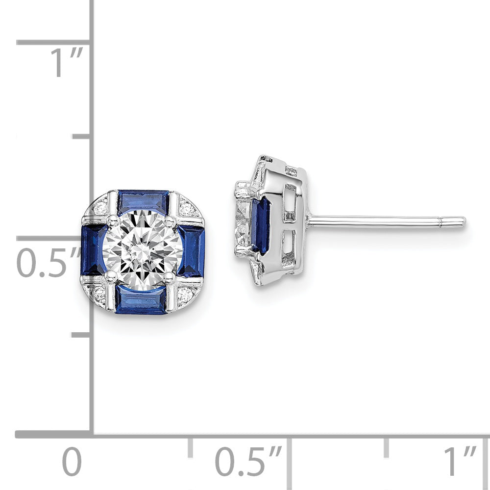 Sterling Silver Rhodium-Plated Cz And Lab Created Blue Spinel Earrings