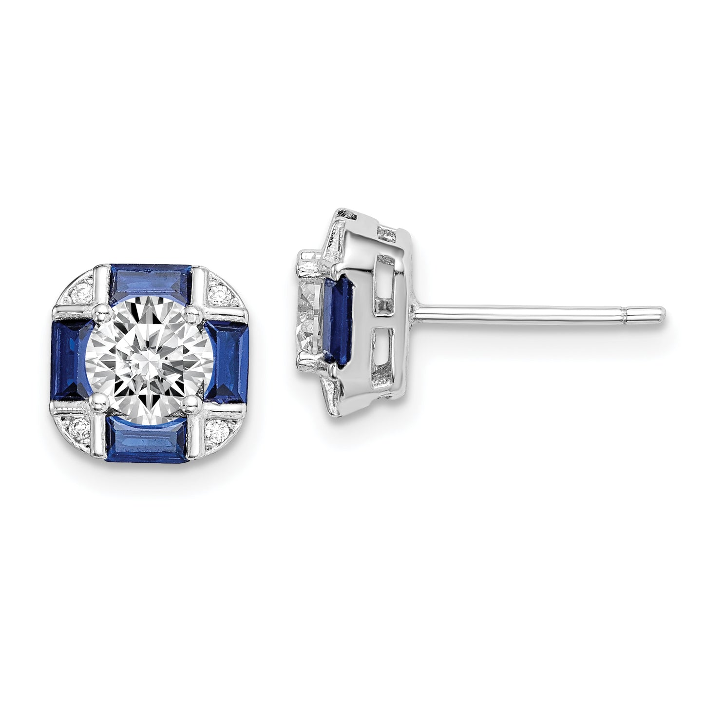 Sterling Silver Rhodium-Plated Cz And Lab Created Blue Spinel Earrings