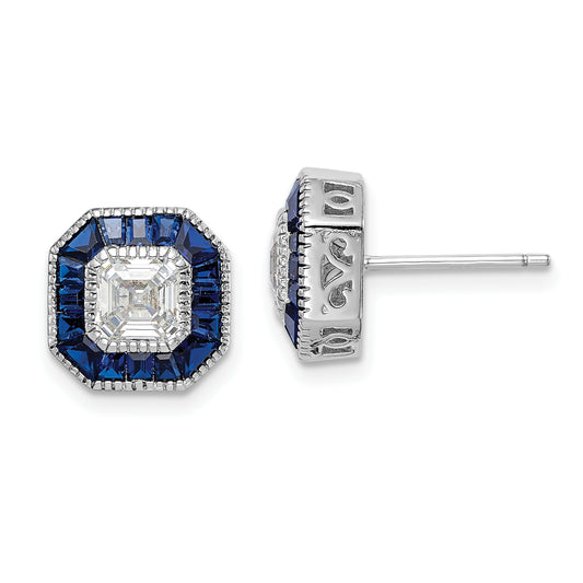 Sterling Silver Rhodium-Plated Synthetic Blue Spinel And Cz Earrings