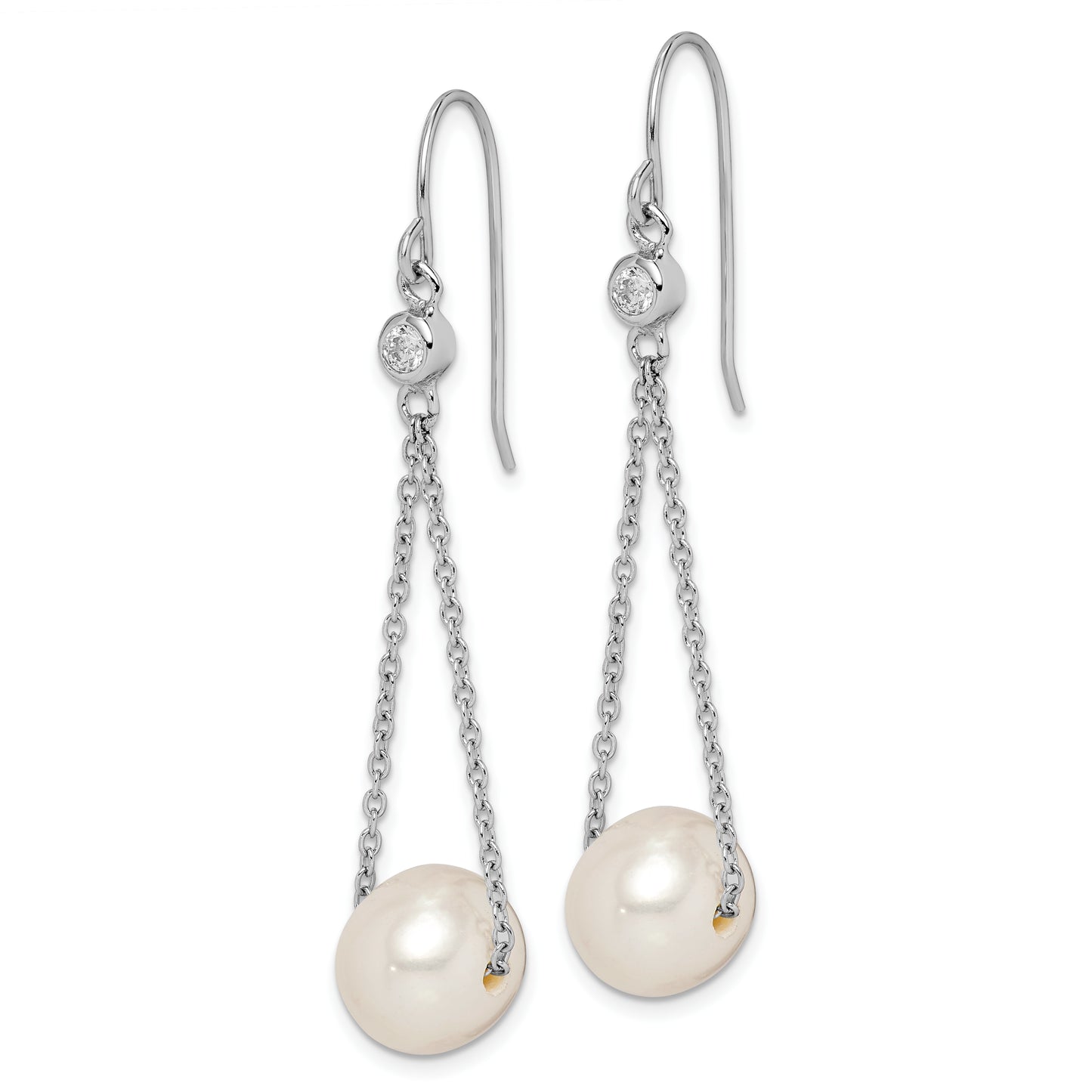 Sterling Silver Rhodium-Plated Polished White 9-10mm Freshwater Cultured Pearl & Cz Dangle Earrings