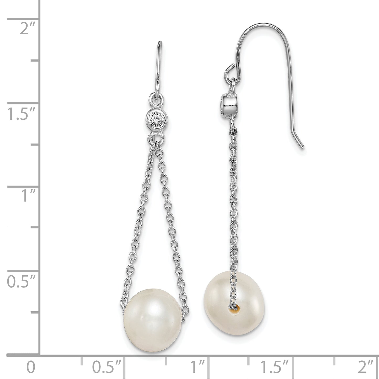 Sterling Silver Rhodium-Plated Polished White 9-10mm Freshwater Cultured Pearl & Cz Dangle Earrings