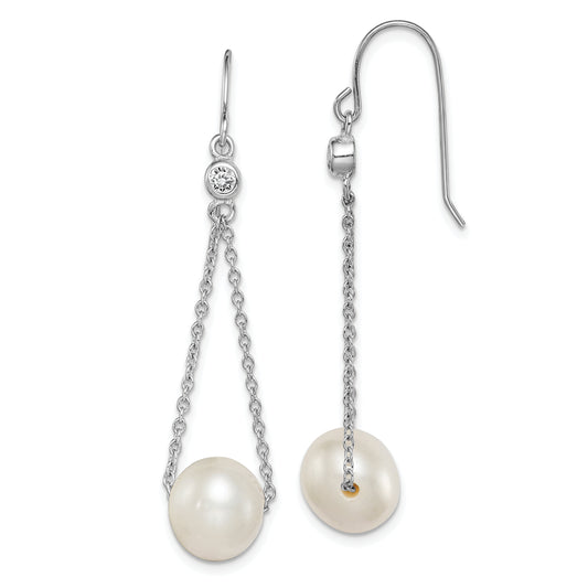 Sterling Silver Rhodium-Plated Polished White 9-10mm Freshwater Cultured Pearl & Cz Dangle Earrings