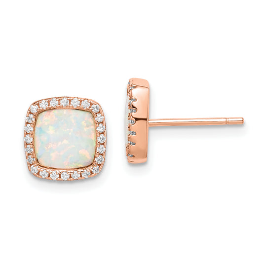 Sterling Silver Rose-Tone Created Opal & Cz Square Halo Post Earrings