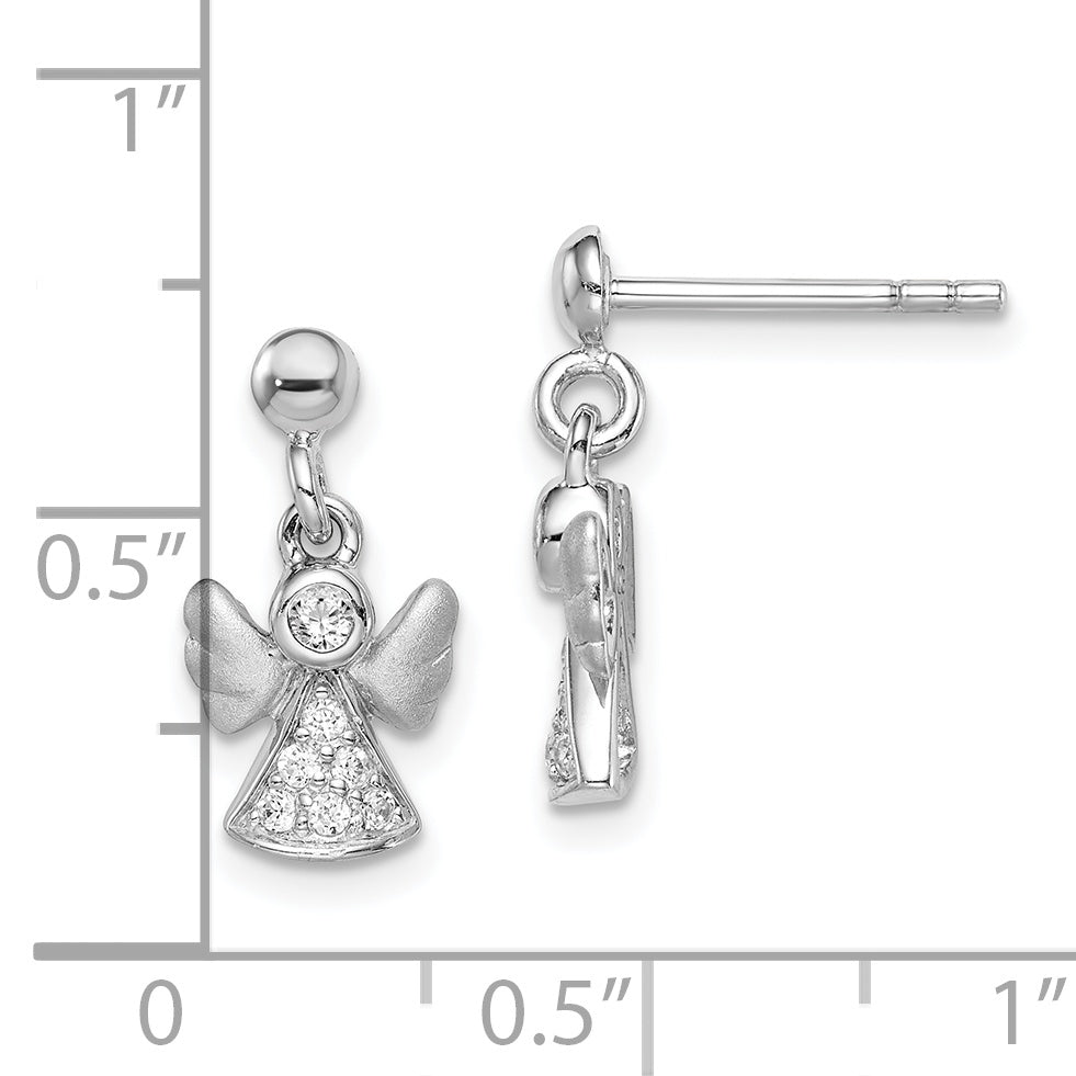 Sterling Silver Rh-Plated Polished/Satin Cz Angel Post Dangle Earrings