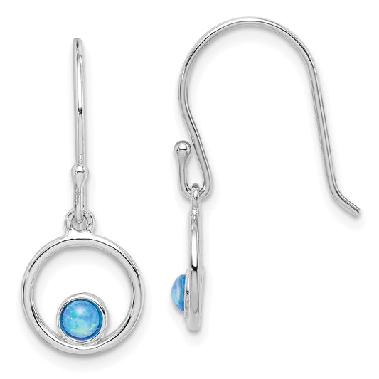 Sterling Silver Rhod-Plated Polished Created Opal Circle Dangle Earrings