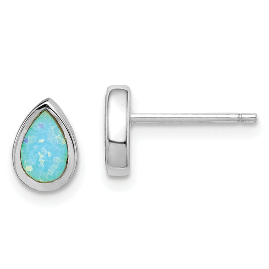 Sterling Silver Rh-Pltd Polished Blue Created Opal Teardrop Stud Earrings