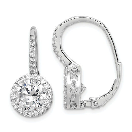 Sterling Silver Rhodium-Plated Polished Round Cz Halo Leverback Earrings