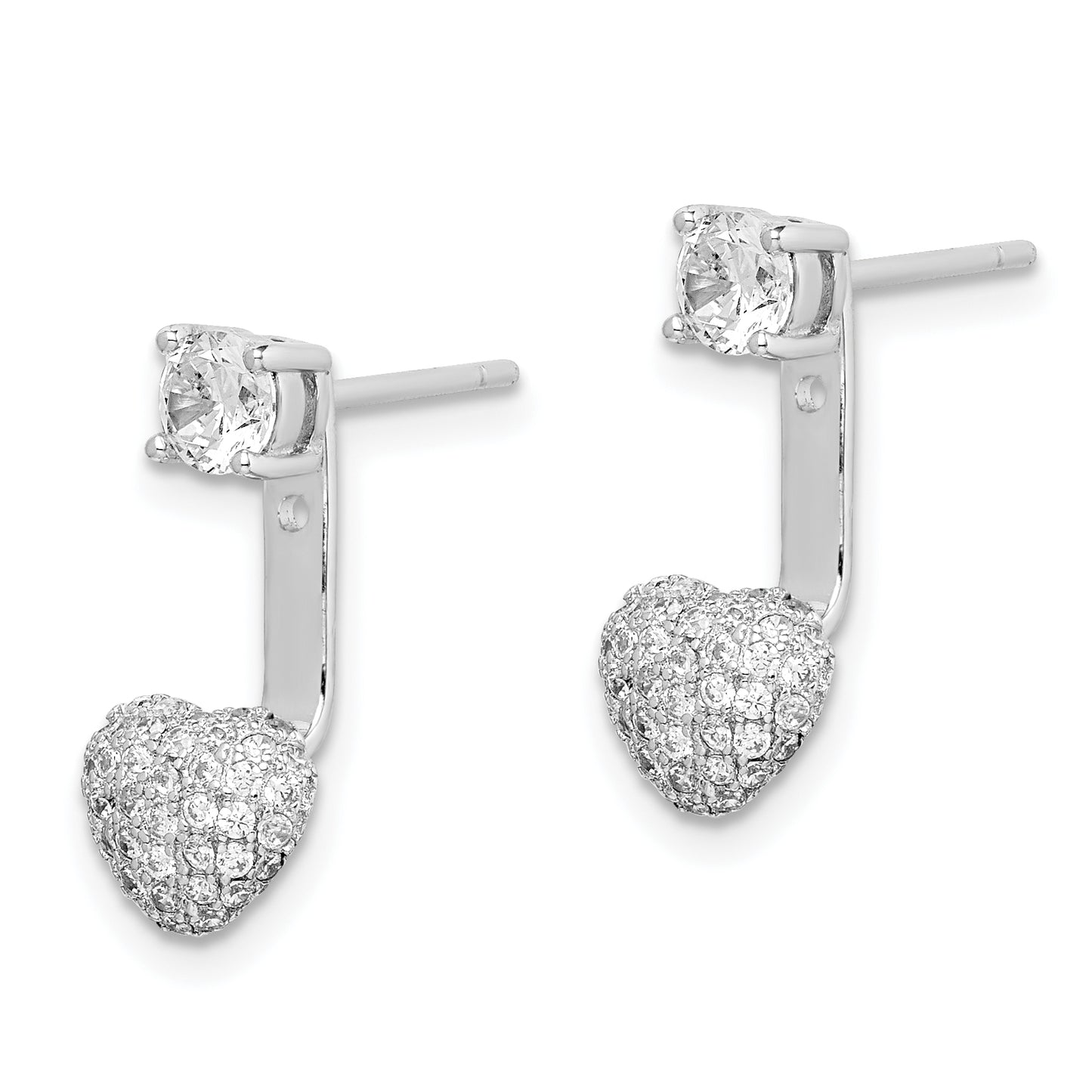 Sterling Silver Rhodium Plated Cz Dangle Heart Front/Back Earrings