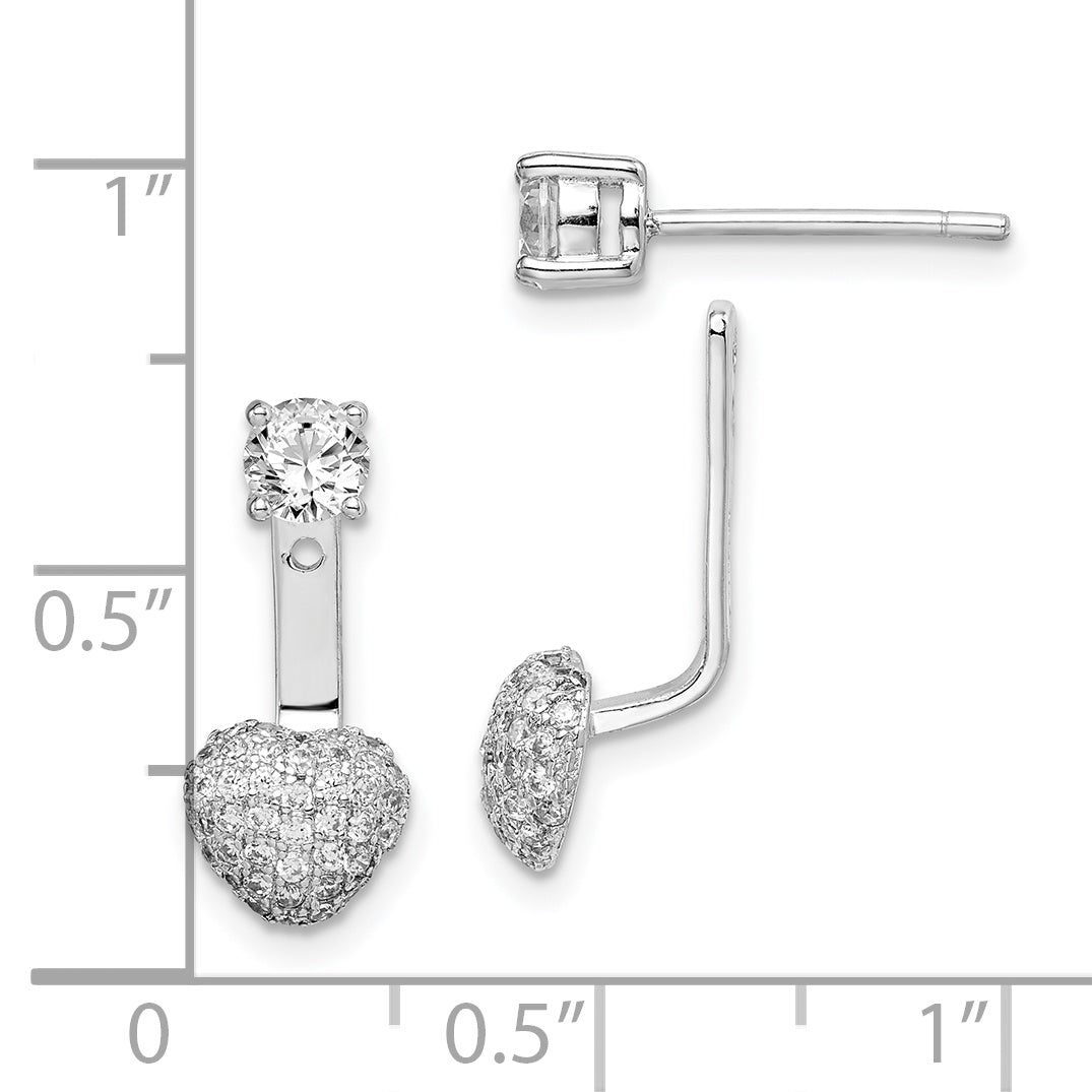 Sterling Silver Rhodium Plated Cz Dangle Heart Front/Back Earrings