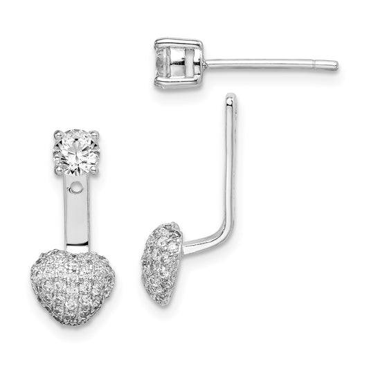 Sterling Silver Rhodium Plated Cz Dangle Heart Front/Back Earrings