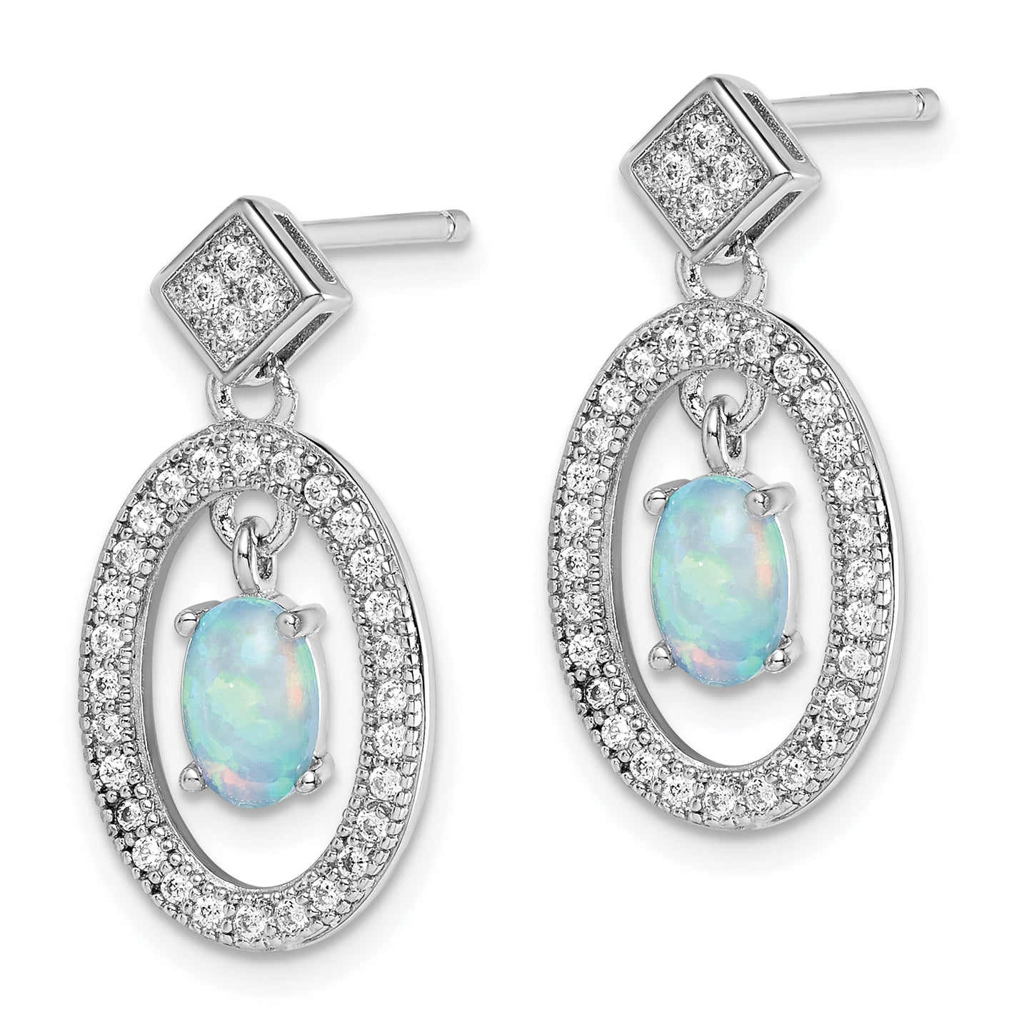 Sterling Silver Rhodium-Plated Created Opal & Cz Post Dangle Earrings