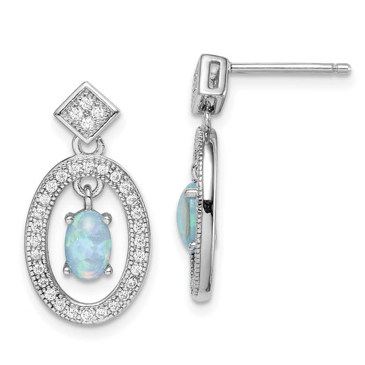 Sterling Silver Rhodium-Plated Created Opal & Cz Post Dangle Earrings