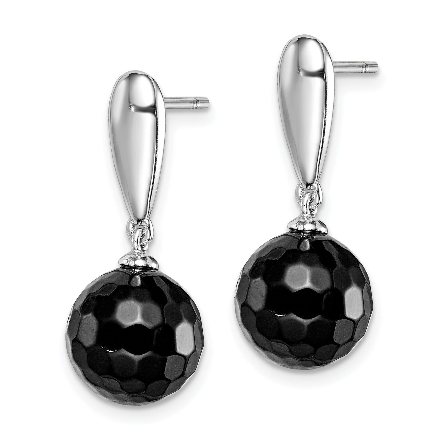 Sterling Silver Rhodium-Plated Faceted 10mm Onyx Post Dangle Earrings