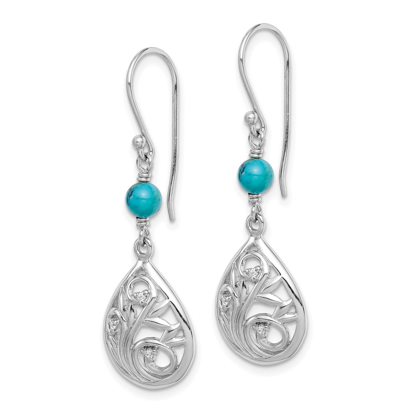 Sterling Silver Rhodium-Plated Polished Filigree Cz & Reconstituted Turquoise Teardrop Dangle Earrings