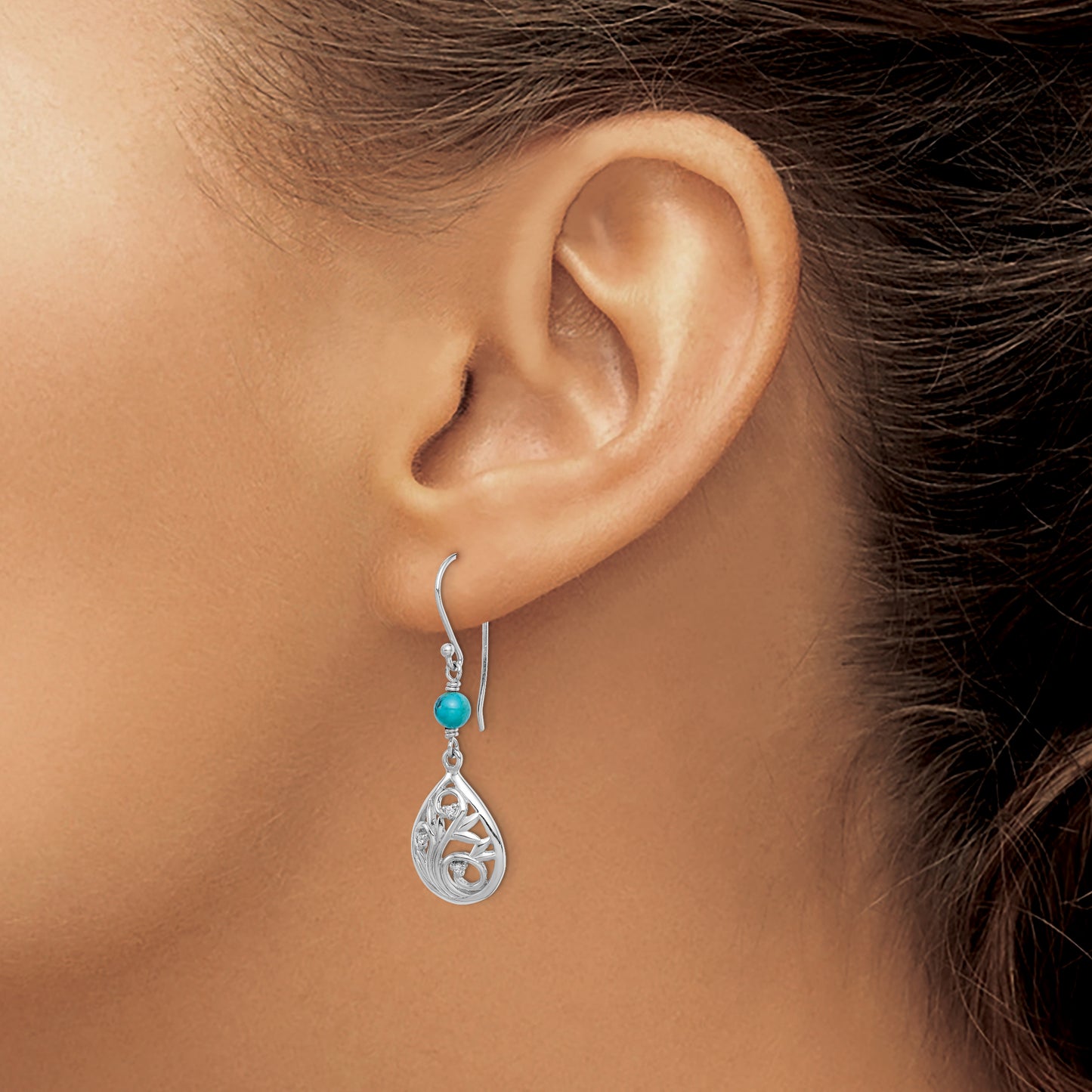 Sterling Silver Rhodium-Plated Polished Filigree Cz & Reconstituted Turquoise Teardrop Dangle Earrings