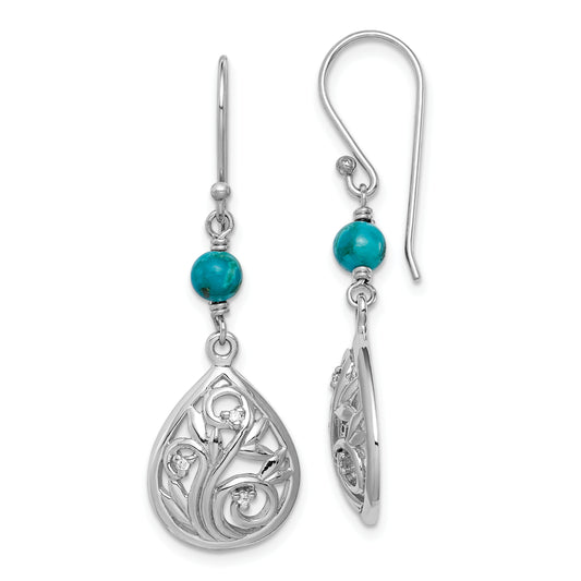 Sterling Silver Rhodium-Plated Polished Filigree Cz & Reconstituted Turquoise Teardrop Dangle Earrings