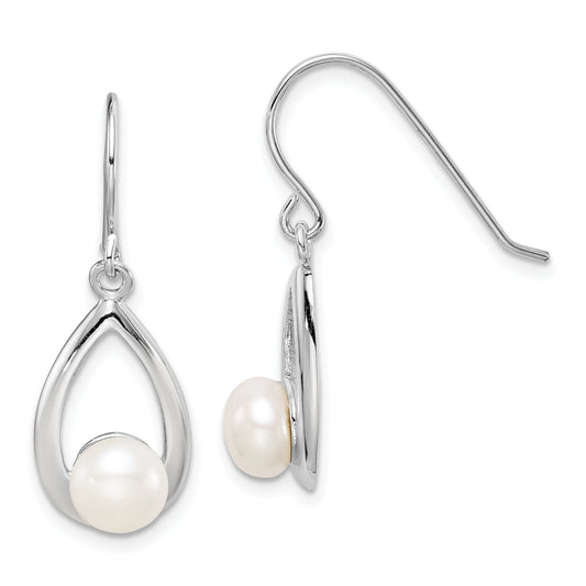 Sterling Silver Rhodium-Plated Polished White 6-7mm Freshwater Cultured Pearl Teardrop Dangle Earrings