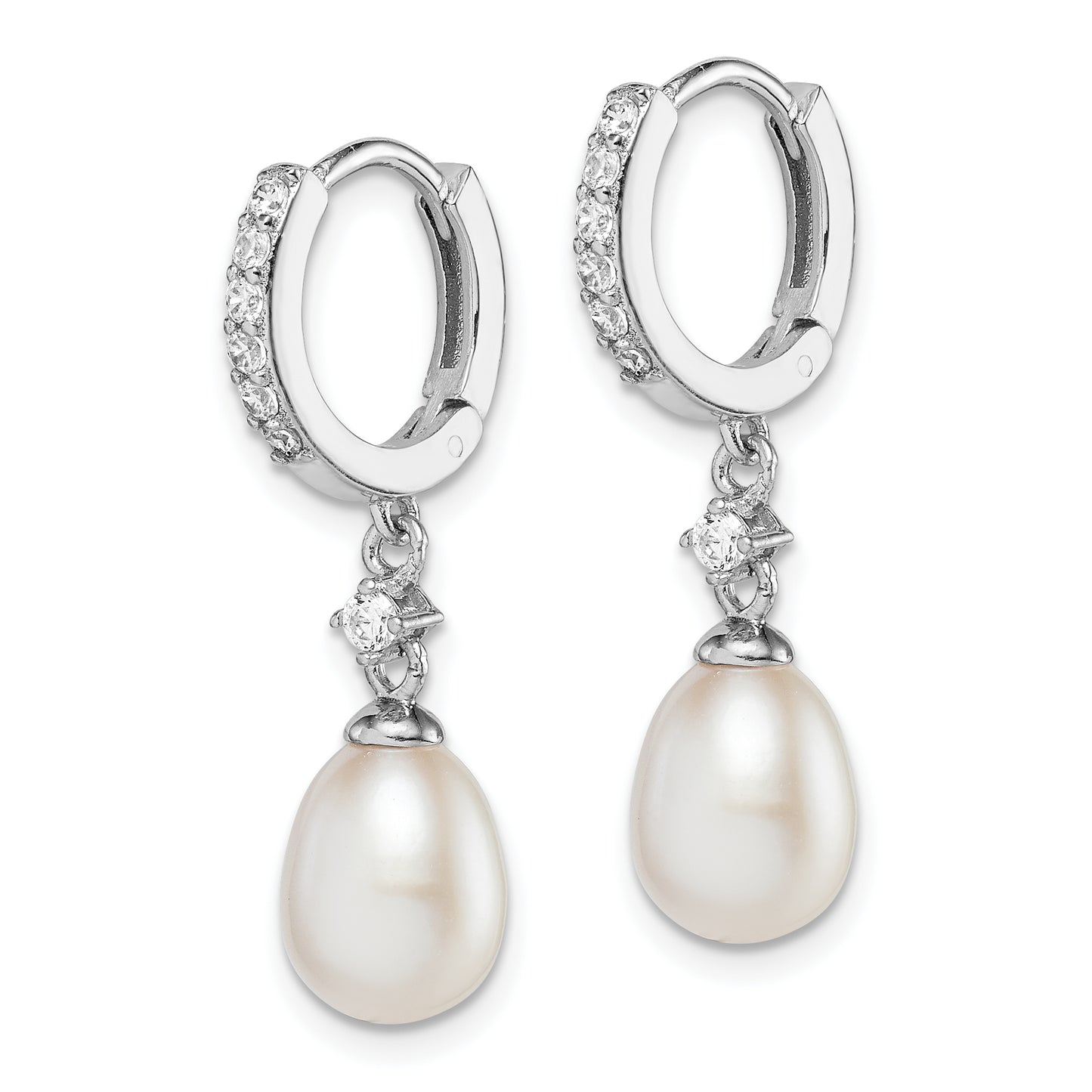 Sterling Silver Rhodium-Plated 7-8mm Fwc Pearl Cz Hoop Dangle Earrings