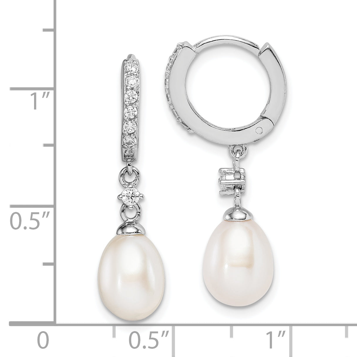 Sterling Silver Rhodium-Plated 7-8mm Fwc Pearl Cz Hoop Dangle Earrings