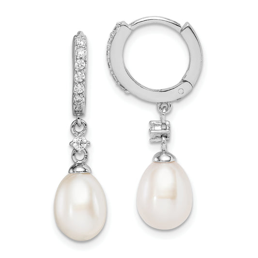 Sterling Silver Rhodium-Plated 7-8mm Fwc Pearl Cz Hoop Dangle Earrings