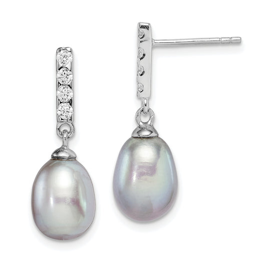 Sterling Silver Rhodium-Plated Polished 8-9mm Grey Freshwater Cultured Pearl & Cz Post Dangle Earrings