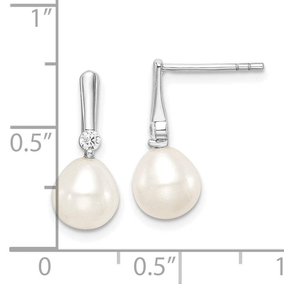 Sterling Silver Rhodium-Plated 7-8mm Rice Fwc Pearl Cz Dangle Earrings