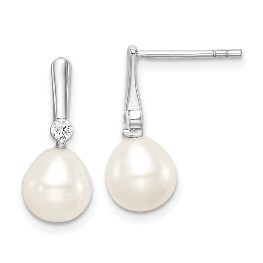 Sterling Silver Rhodium-Plated 7-8mm Rice Fwc Pearl Cz Dangle Earrings